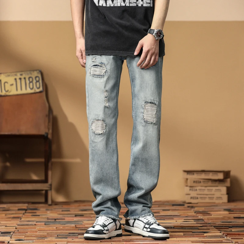 

2023 New Ripped Jeans Men Cuffed Baddie Regular Knees Retro Distressed Thin Denim Pants Male Summer Fashion Designer Streetwear