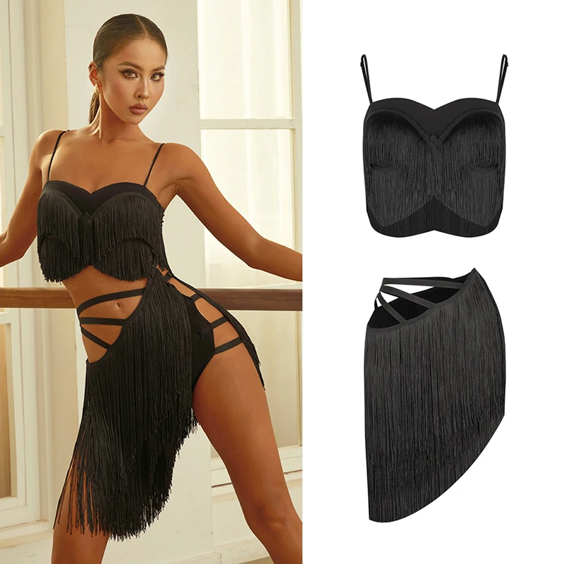 

Women's Latin Dance Practice Clothes Tassel Tops Skirt Adult Tango Samba Dance Performance Costume Black Fringe Dress