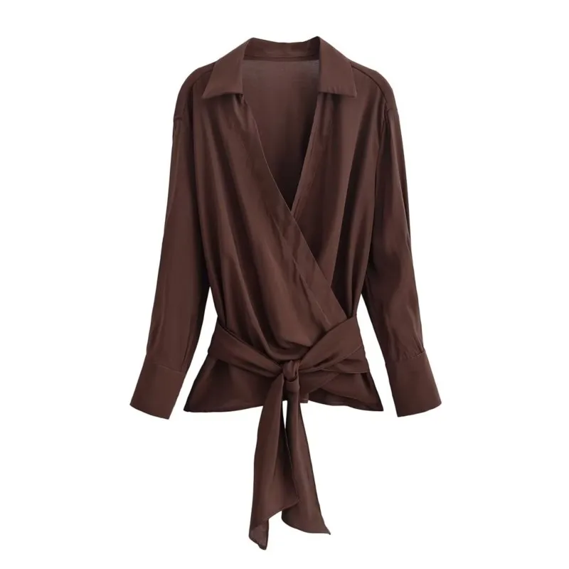 Nouvelles femmes rayé taille sangle chemise col en V à manches longues chemises Double boutonnage réglable noeud papillon femme chemises décontractées