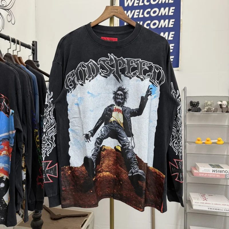 

God Speed American Ro Skeleton Print Street Sle Vintage High Street Long Sve T-irt Trendy Youth Loose Fit round Ne