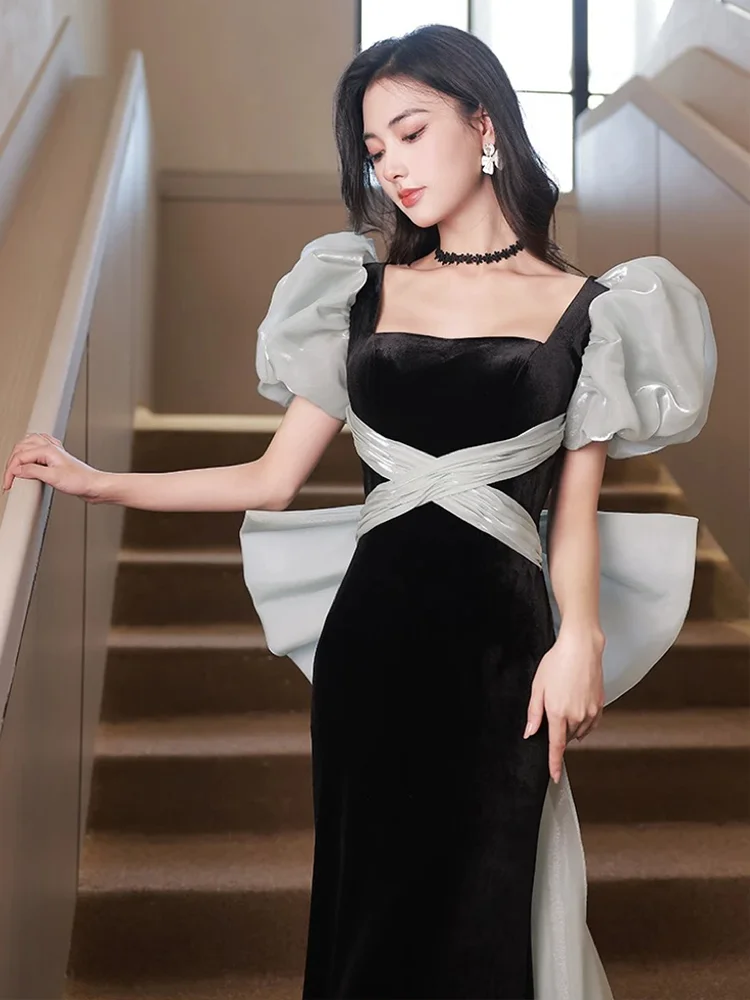 Jirocum Samt-Meerjungfrau-Abschlussballkleider für Damen, Puffärmel, Schleife, Schwanz, quadratischer Ausschnitt, Party-Abendkleid, bodenlang, formelles Anlasskleid