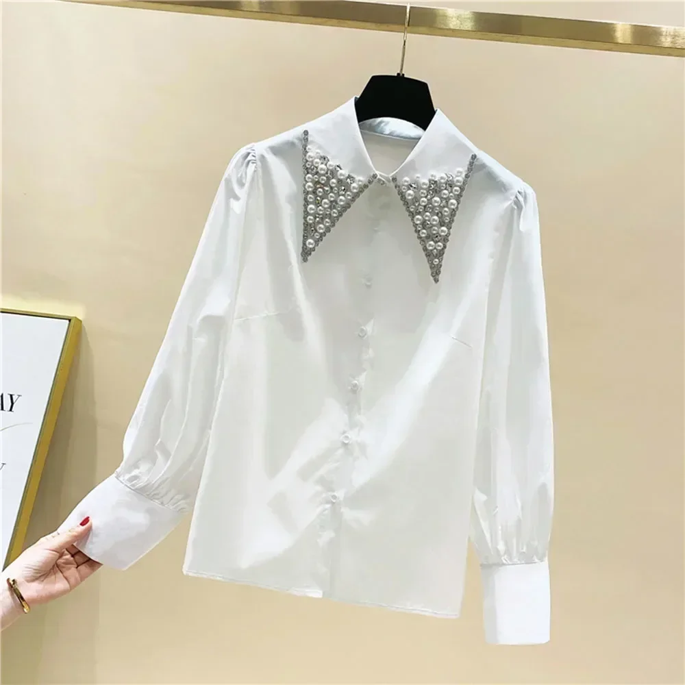 High Quality Pearls Diamonds Collar White Shirt Women Tops Mujer 2023 Spring New Arrival Elegant Blouse Tops Camisas Mujer D194