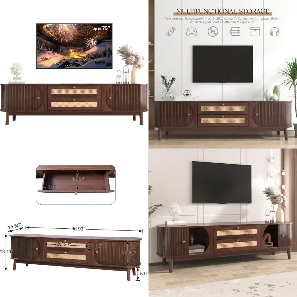 

Modern Fluted TV Stand for 75-Inch TVs, Mid-Century Entertainment Center with Tambour Door and Rattan Front Media Console