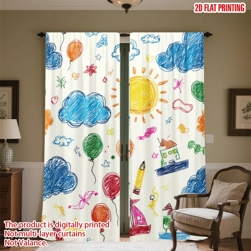 

2D flat printing 2pcs Window Curtains Colorful Doodles and Sunshine Digital Printed Polyester Drapes Birthday Party Perfect for