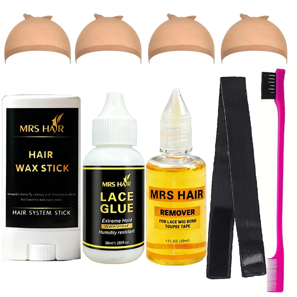 

Набор для установки париков: 9 предметов, включая HD-шапочку для парика, белый клей, воск для волос, средство для удаления клея, кисть для укладки краев, повязку для парика.