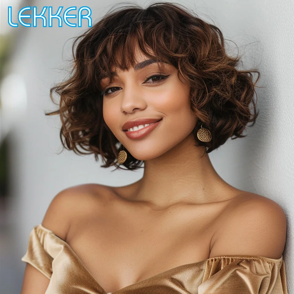 Lekker Short Curly Bob Human Hair Wigs With Bangs For Women Brazilian Remy Hair Glueless Highlight Brown Colored Wear to go Wigs