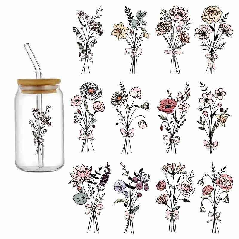 

12Pcs 3D December Flowers Birthday Flowerl UV DTF Wraps Cups Libbey Glass Mug Cup Waterproof Decals Hot Sale Cartoon Design