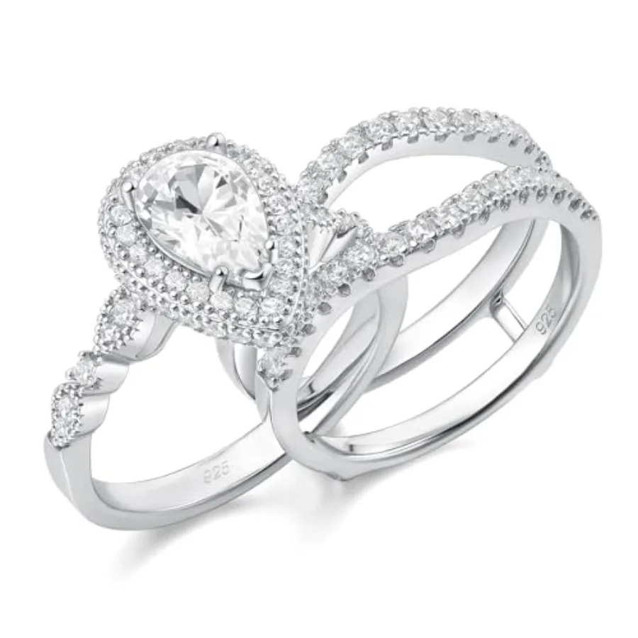 

Wedding Rings for Women Bridal Sets Sterling Silver Engagement Ring Enhancer Pear Cubic Zirconia Anniversary Promise Band Size