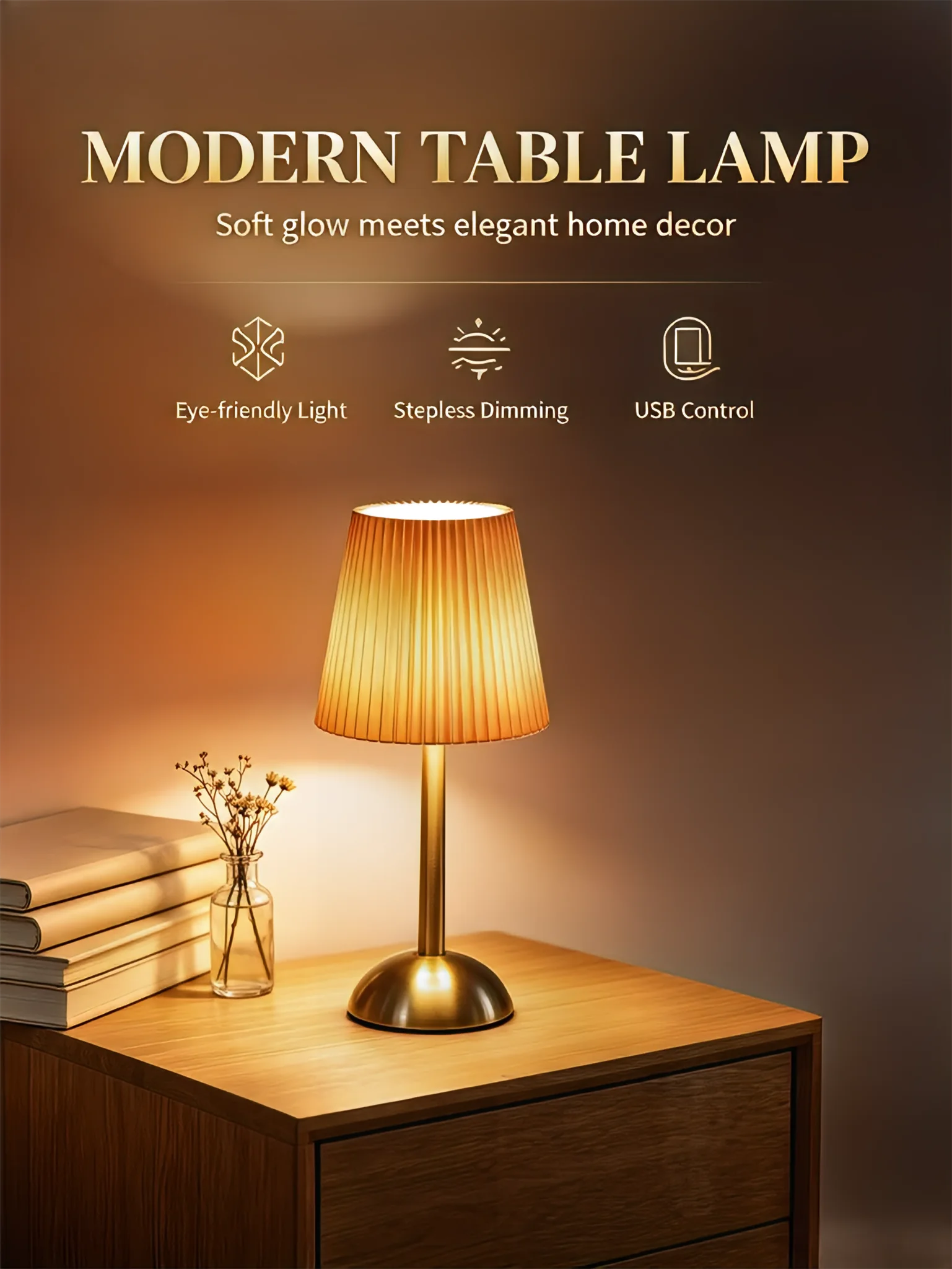 Pleated Fabric Shade USB Table Lamp, Golden Metal Base Decorative Reading Lamp, Warm Soft Bedside Desk Light for Work Study Bedr