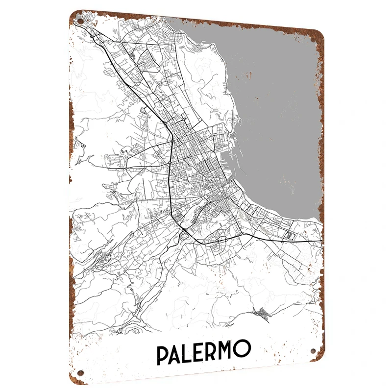 Palermo Italy City Map Metal Wall Art Modern Home Decor Minimalist Urban Sketch Poster for Living Room Office