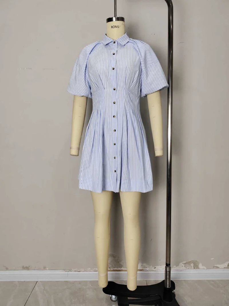 Elegancka sukienka koszulowa w paski, letnia odzież damska, krótki rękaw, zapinana na guziki, mini sukienki, modna sukienka w kształcie litery A, sukienka letnia, Vestido