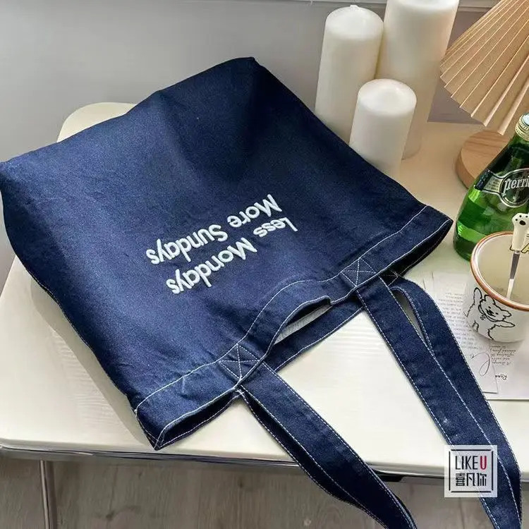 Vintage Denim Women's Shoulder Bags Embroidery Letter Girls Student Book Tote Bag Casual Female Large Capacity Shopping Handbags