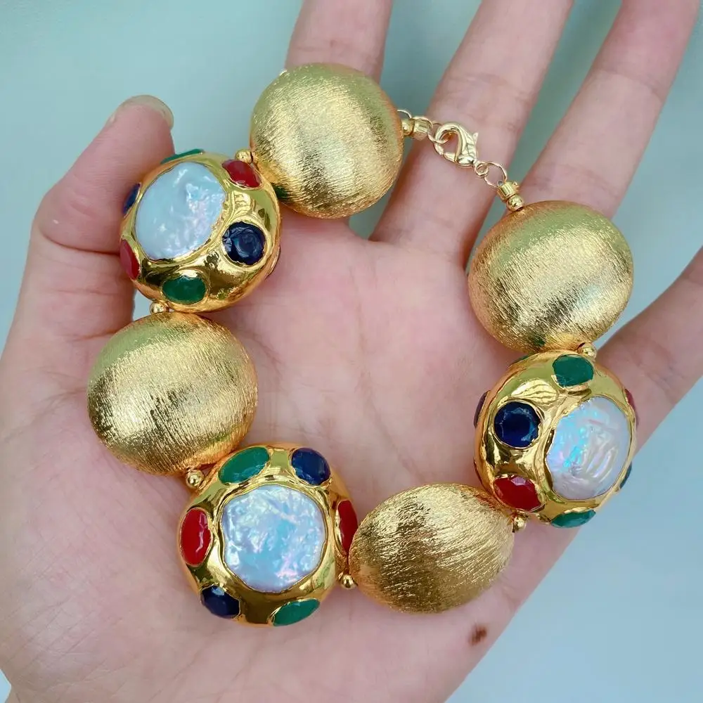 yygem multi color jade paved Cultured White Coin Pearl Gold Plated 26mm Brushed coin Bead Bracelet Jewelry Mother'S Gift