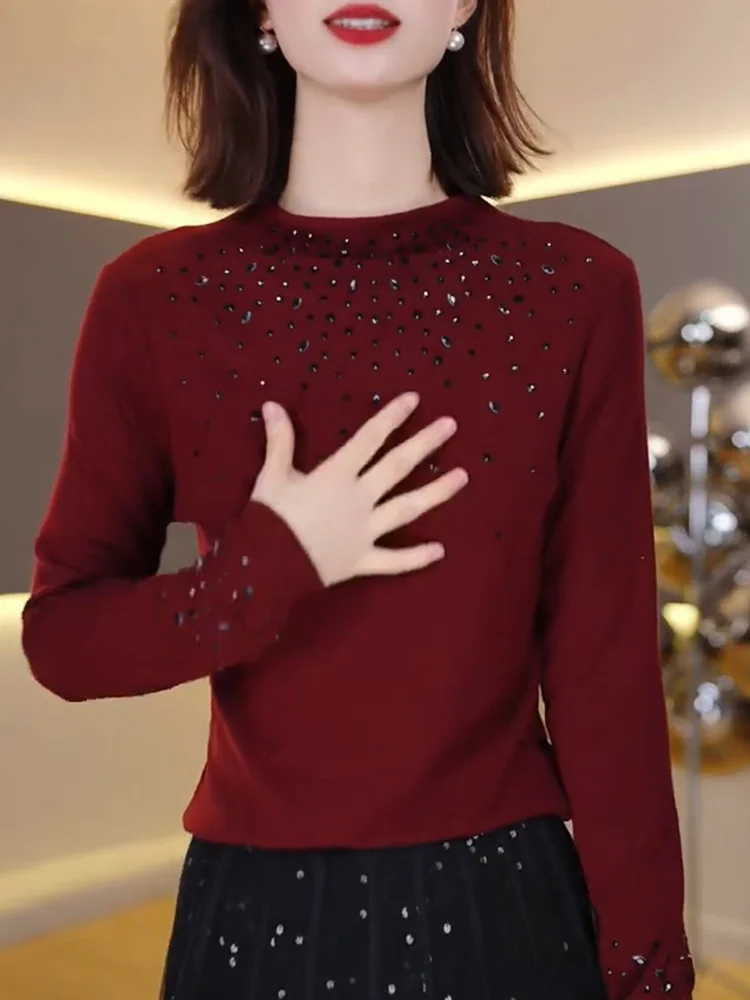 

Длинный свек с эффектом похудения Diamond Embellied Long Sve f, осенний новый моющийся топ больших размеров для женщин