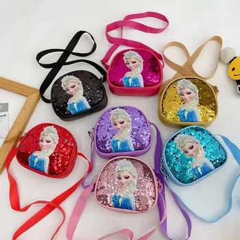 Disney เด็กกระเป๋าสะพายข้างเลื่อม Elsa เจ้าหญิงสาวกระเป๋าถือมัลติฟังก์ชั่กระเป๋าหนัง PU ของขวัญวันเกิด