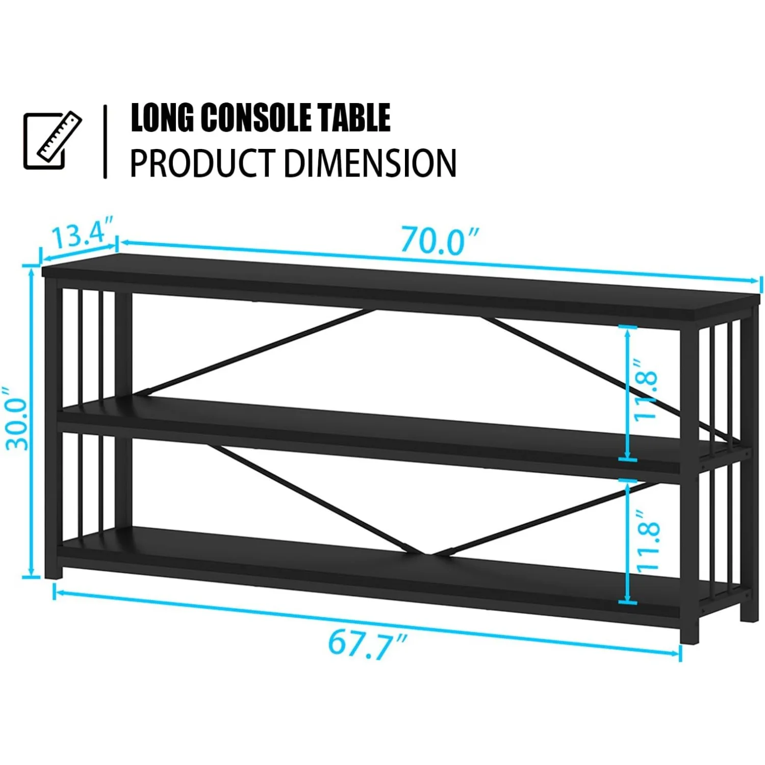 Entryway Table, Modern Extra Long Sofa Console Table, Metal Wood Narrow Hallway Table with Storage Shelves, 70 Inch
