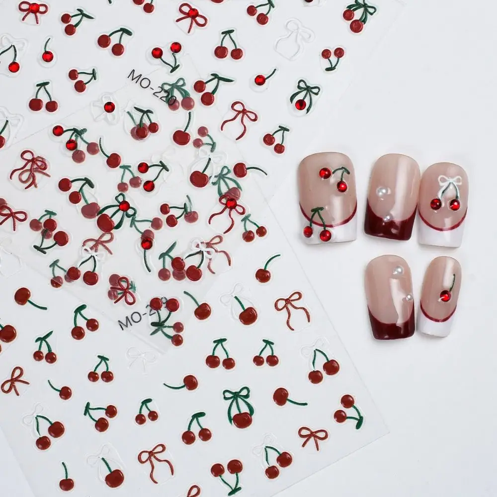 Pegatina de Arte de uñas de cereza roja para mujer, calcomanía de manicura en relieve 5D, decoración de uñas colorida linda, bricolaje