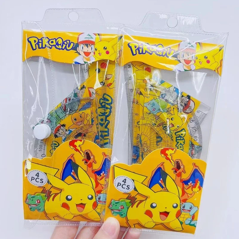 포켓몬 피카츄 눈금자 문구 세트, 삼각형 눈금자 각도기, 기하학 수학 그리기 도구, 학생 문구 용품, 4 개