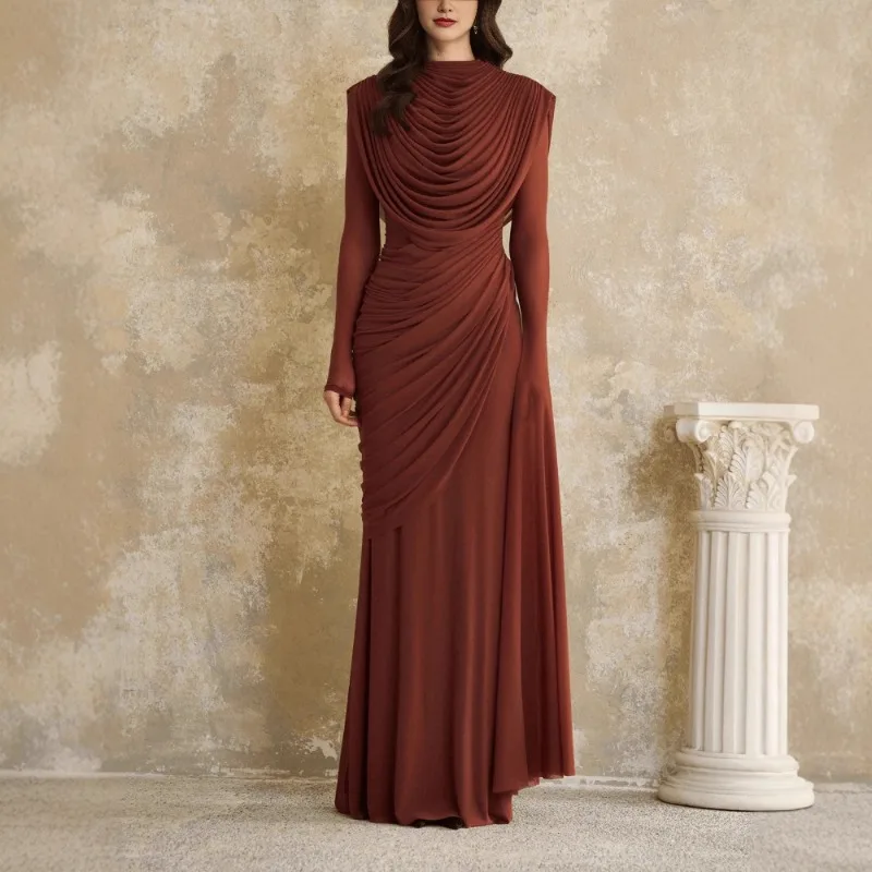 

Элегантное женское длинное платье с драпированным вырезом, длинными рукавами, приталенное, плиссированное, облегающее, модель 2026 года, для вечерних мероприятий и ужинов