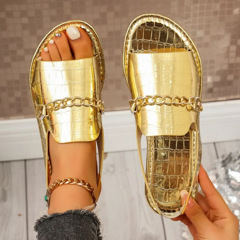 Women's Glitter Gold Slippers Summer Metallic Textured Sandals with Chain Decor Large Size Open-toed Flat Slides Women Slippers