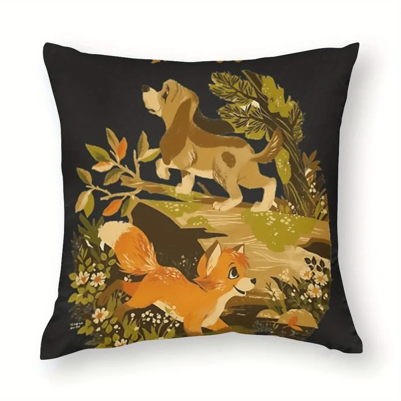 1pc 2D Flat Pillow Not Included Fox And Hound Forest Illustration Cushion Cover Short Plush Classic Animation Decor Gift Case