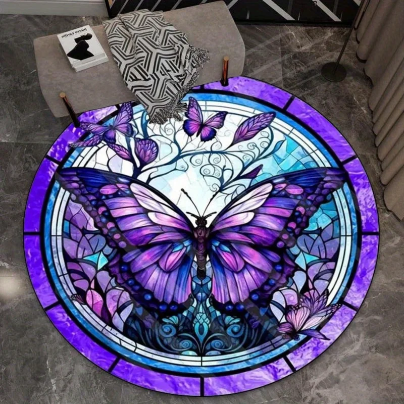 Purple Butterfly Stained Glass Style Round Rug Boho Art Home Decor for Living Room Bedroom
