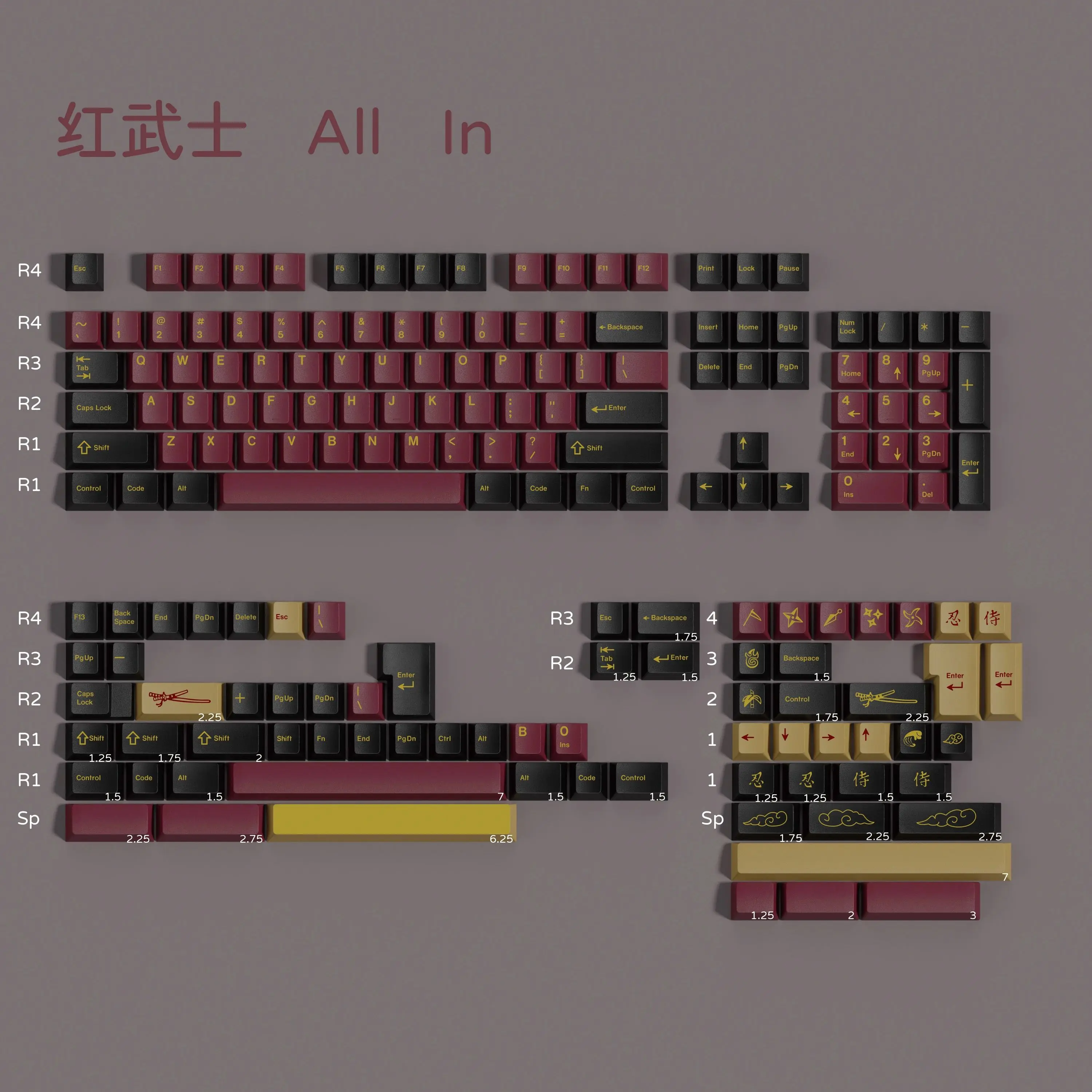 PBT Keycap GMK Red Samurai Keycaps Cherry Profile 5 Side Dye Sublimation Key Cap For MX Keyboard 61 67 8=68 75 84 87 96 980 104