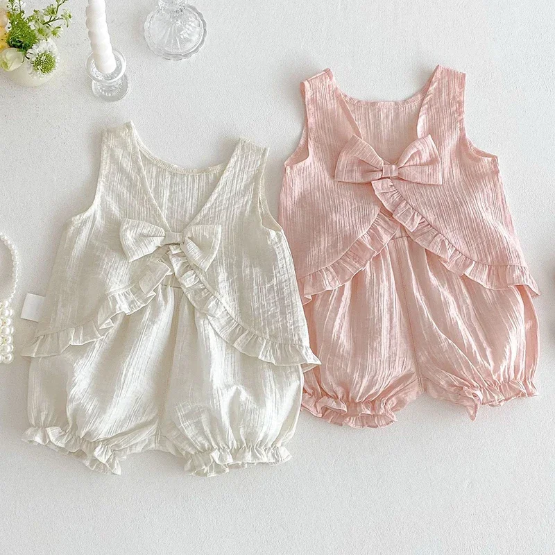 2025 nueva ropa de verano para niños, conjunto de ropa para niñas, chaleco sin mangas de Color sólido + Pantalones cortos, ropa para niños de 0 a 5 años