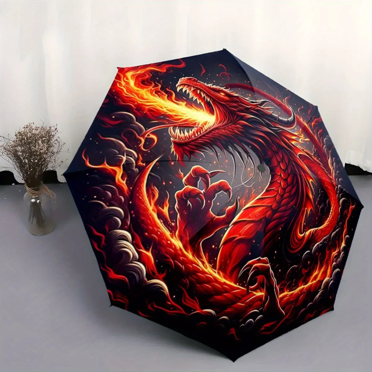 

Автоматический зонт с дизайном огненного красного дракона - складной зонт, компактный дорожный зонт с кнопкой управления одним касанием.