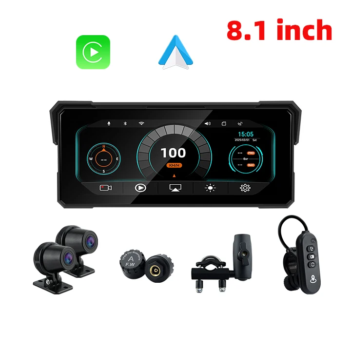 EKIY 8.1 Inch IP67 Motorcycle Waterproof Linux Carplay Display Screen Android Auto GPS WiFi MOTO Navigation with DVR/TPMS