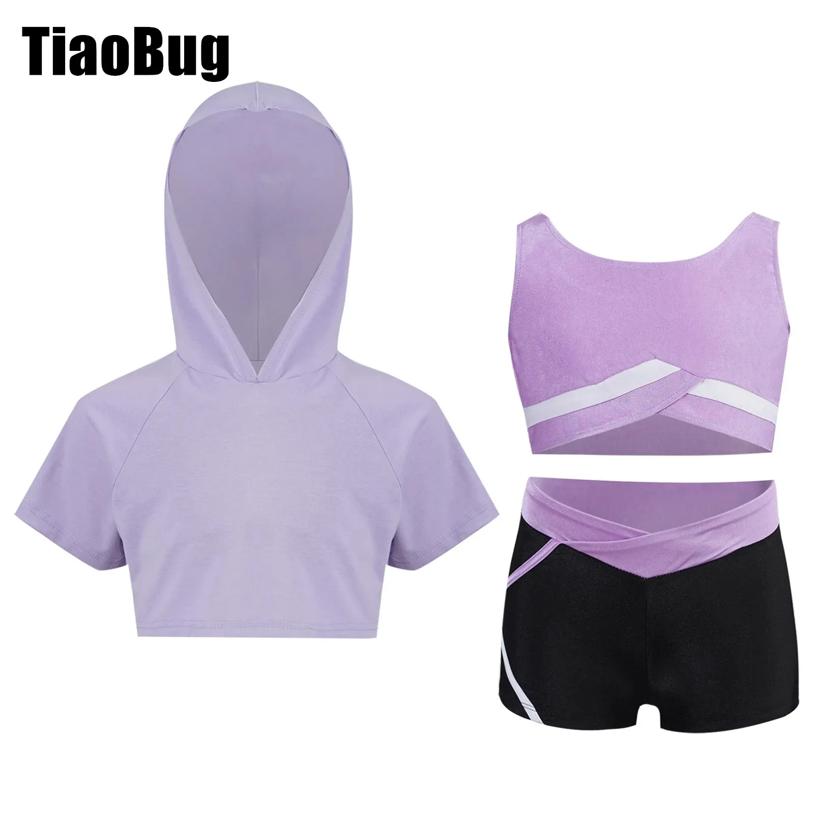 Kids Sports Set Girls Tracksuit Short Sleeve Cropped Contrast Color Hoodie Sleeveless Vest Shorts for Workout Exercise Training