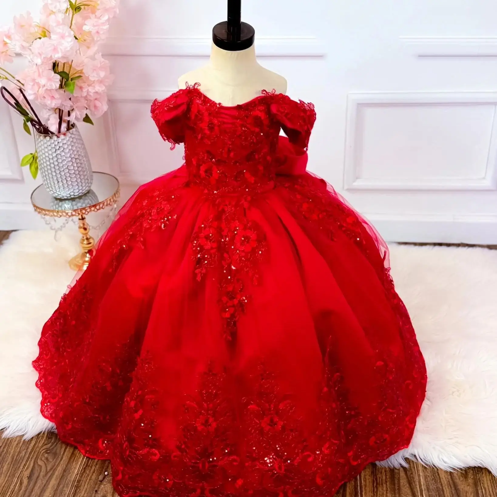 

Customized Red Ball Gown Flower Girl Dress Bow Back Off Shoulder Kids Wedding Dress Girl Gowns Birthday Dress for Princess