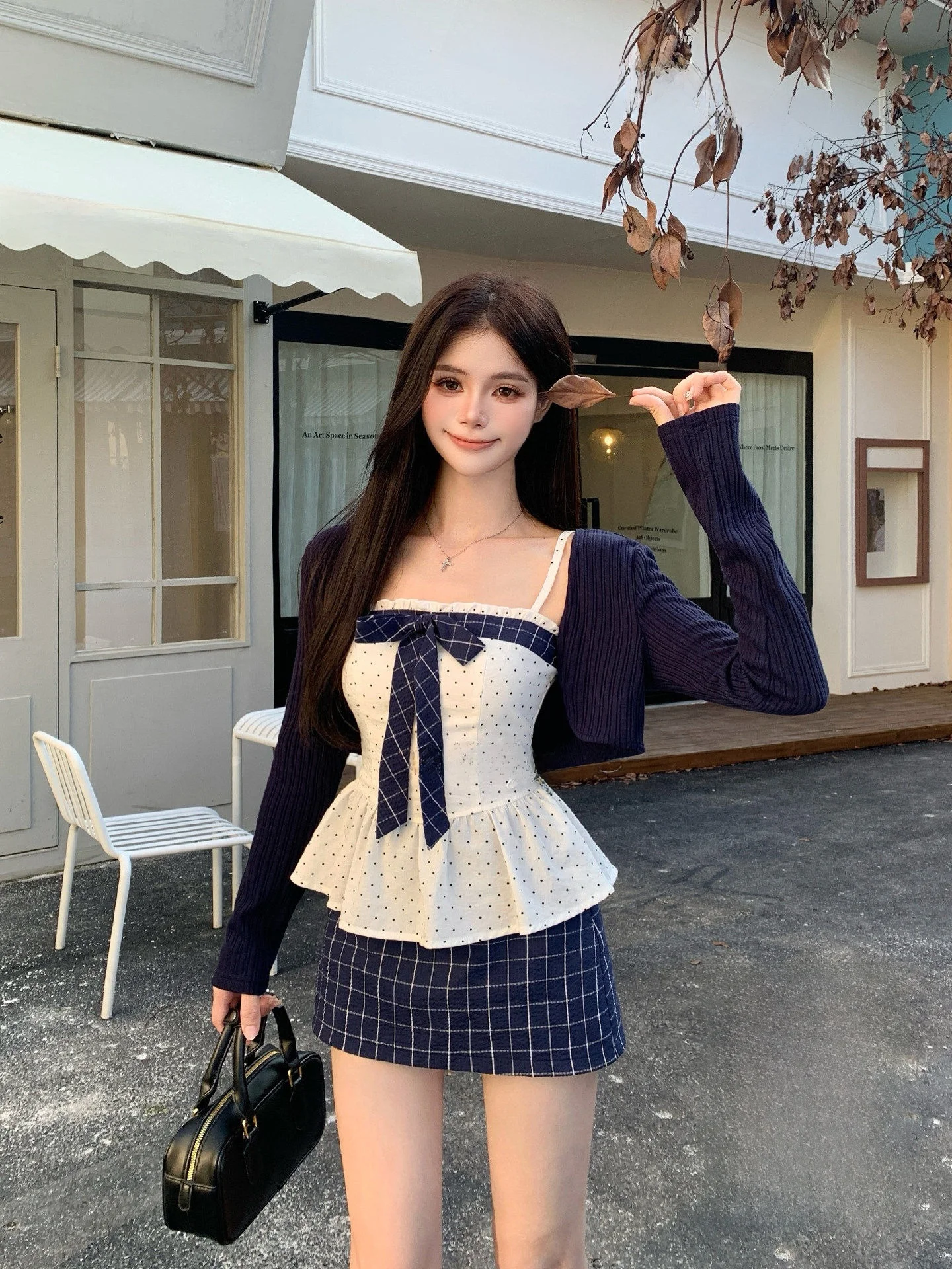 

Комплект из юбки и топа в клетку с принтом «Голубая волна» и горошком, весенний дизайн, женский, приталенный, повседневный, из смесового хлопка, короткий, на молнии