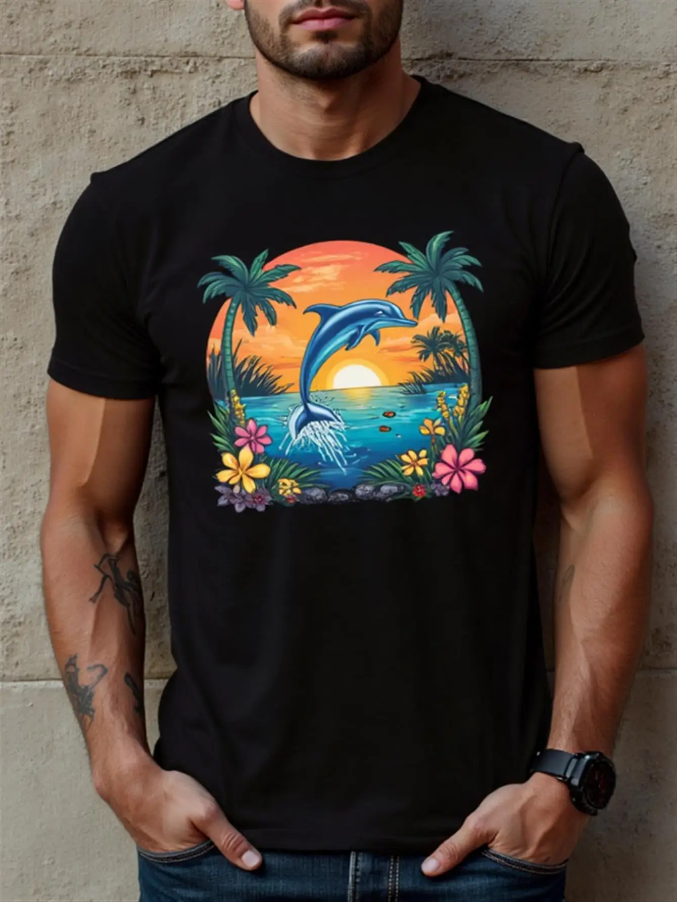 

Men's Dolphin Jumping Tropical Sunset T-Shirt 100% Pure Cotton Casual Short-Sleeve Vibrant Ocean Design, Palm Trees and Jumping Dolphins Print Loose Fit Suitable for Beach Vacations and Everyday Summer Wear -