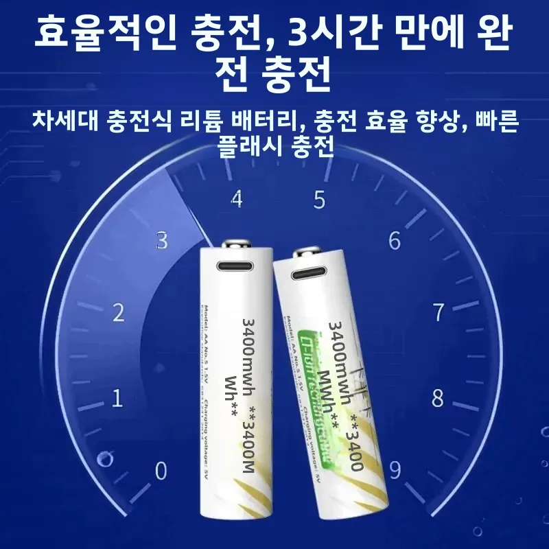 1.5V AA 3400mWh + AAA 800mWh Rechargeable Lithium Battery Set with USB-C Fast Charging Type C Cable air transport