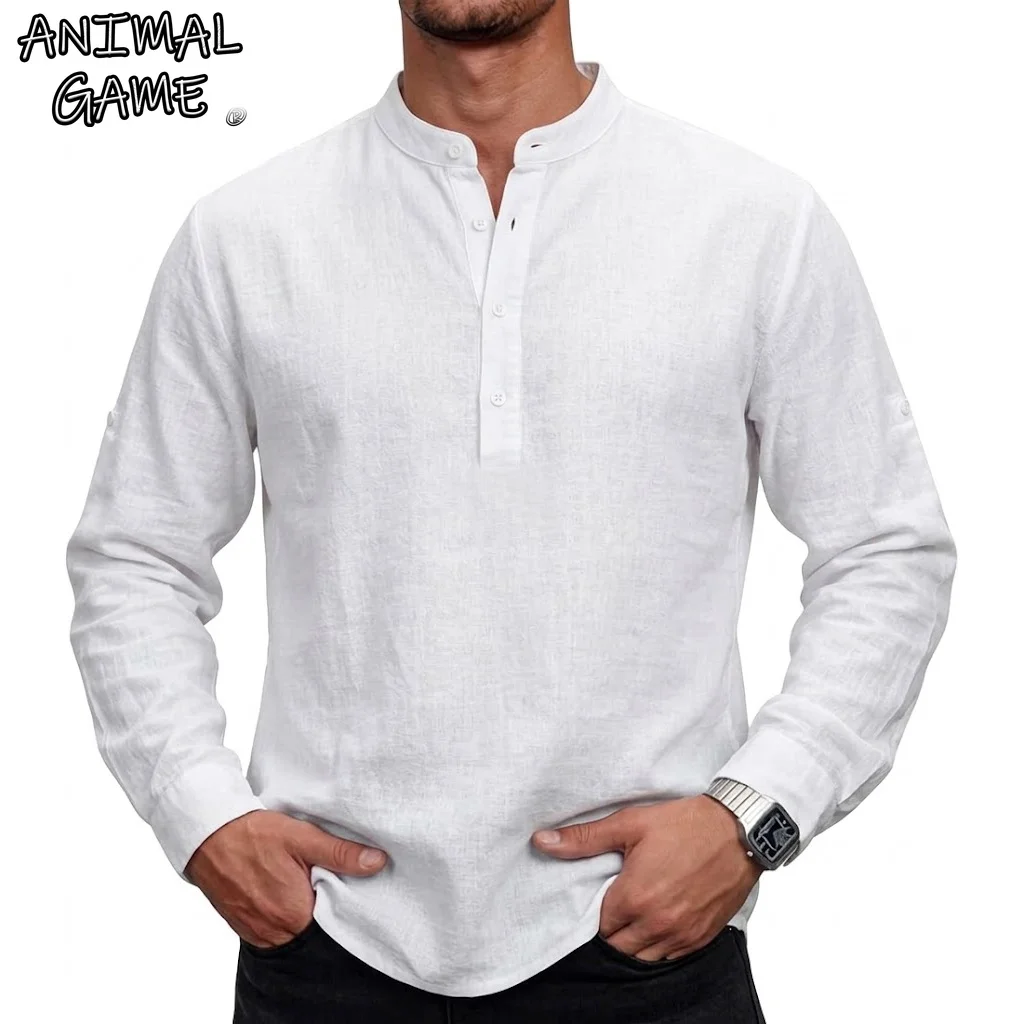 Neue Baumwollhemden für Herren, lässige Langarm-Henley-Hemden mit Stehkragen, leichte, atmungsaktive Oberteile für Männer, Pullover-Hemden