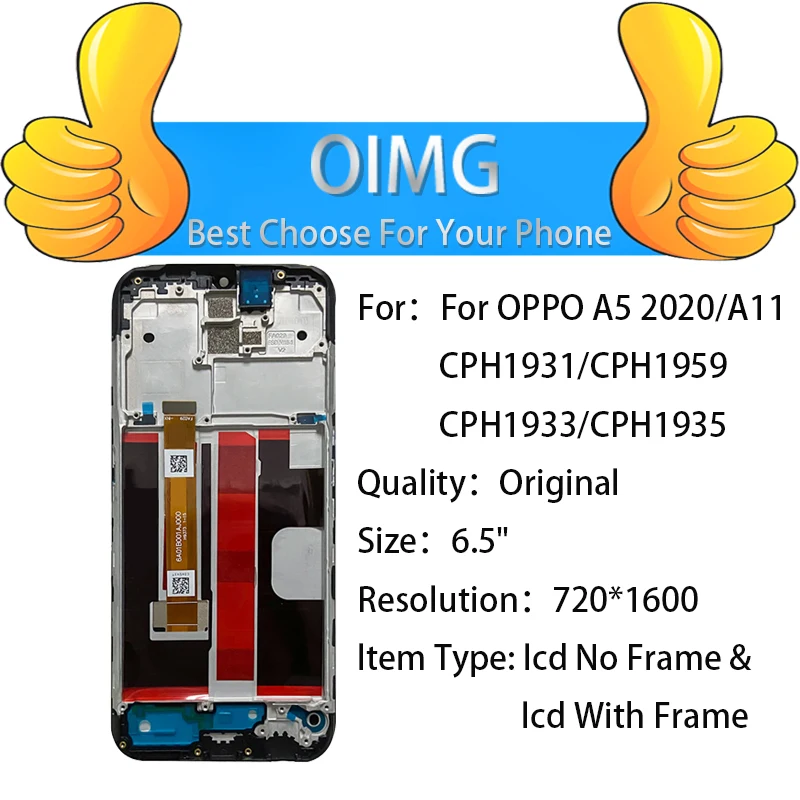 Original For Oppo A5 2020 LCD Display With Frame Screen Touch Panel Digitizer Replacement Parts CPH1931 CPH1959 CPH1933 CPH1935