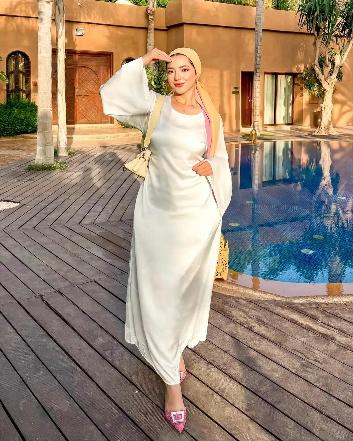 Oriente médio dubai robe robe cross-border roupas femininas cor sólida vestido de cetim amazon comércio exterior outono novo cw64428