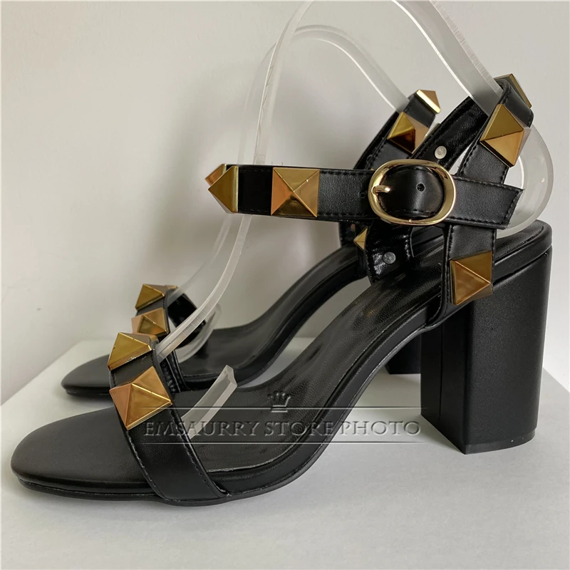 Genuine Leather Ankle Strap Sandals Women Sexy Open Toe Luxury Rivet Decor Med Heel Multicolor Party Shoes Summer