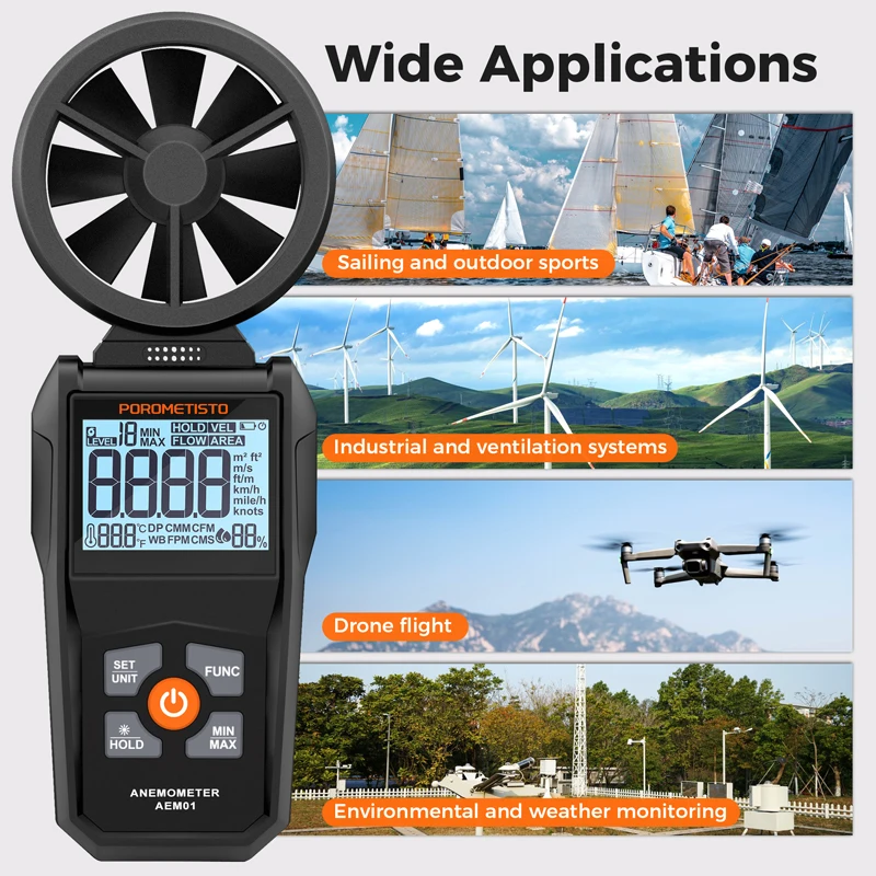 POROMETISTO AEM01 All-in-One Anemometer Handheld Windmeter Wind Speed Flow Level Temperature Humidity Meter With LCD Backlight