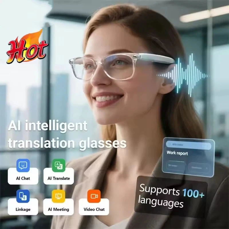 Lightweight TWS AI Smart Glasses, 100+ Languages Real-Time Translation, Bluetooth Make and Receive Calls, Built-in Noise Reducti