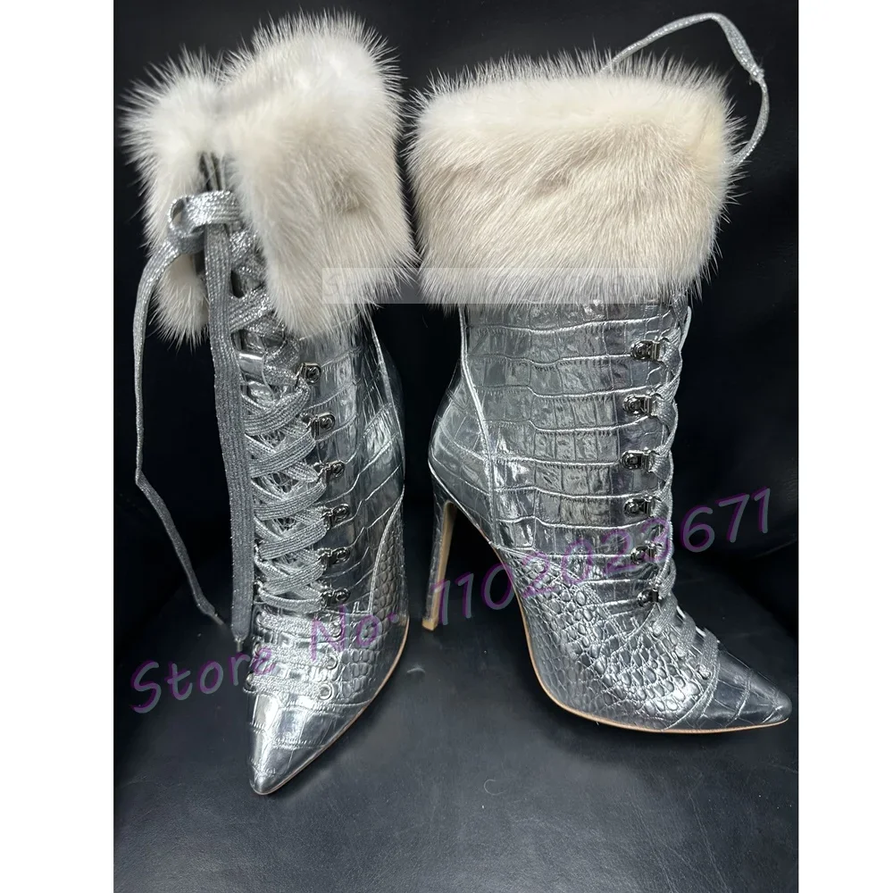 Beige Fur Pointy Ankle Boots Women Elegant Leather Splicing Silver Winter Furry Boots Hot Girl Trendy High Heels Mid Calf Shoes
