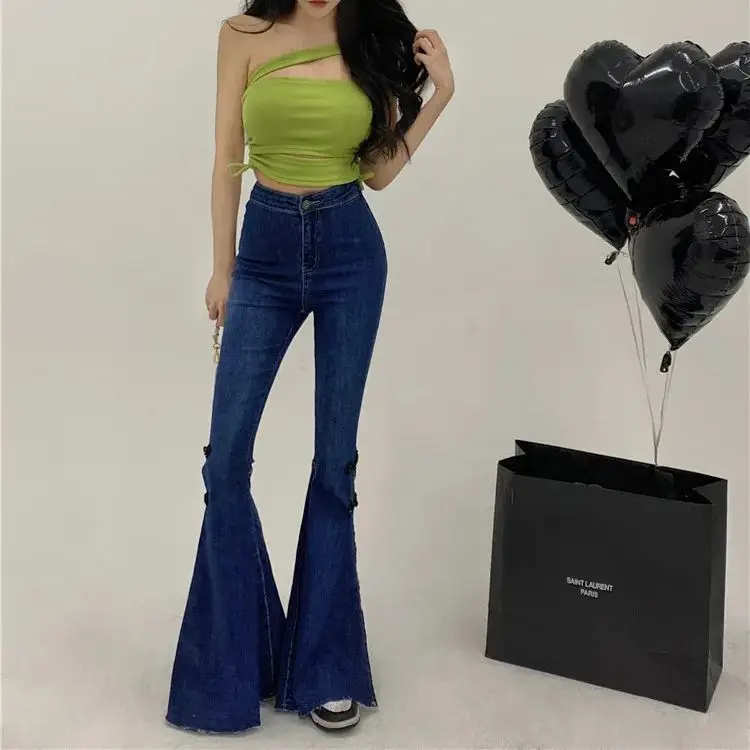 

2024 Retro buttoned slit jeans high waist slim fit drape floor-length flared pants Side Split Flare Denim Trousers