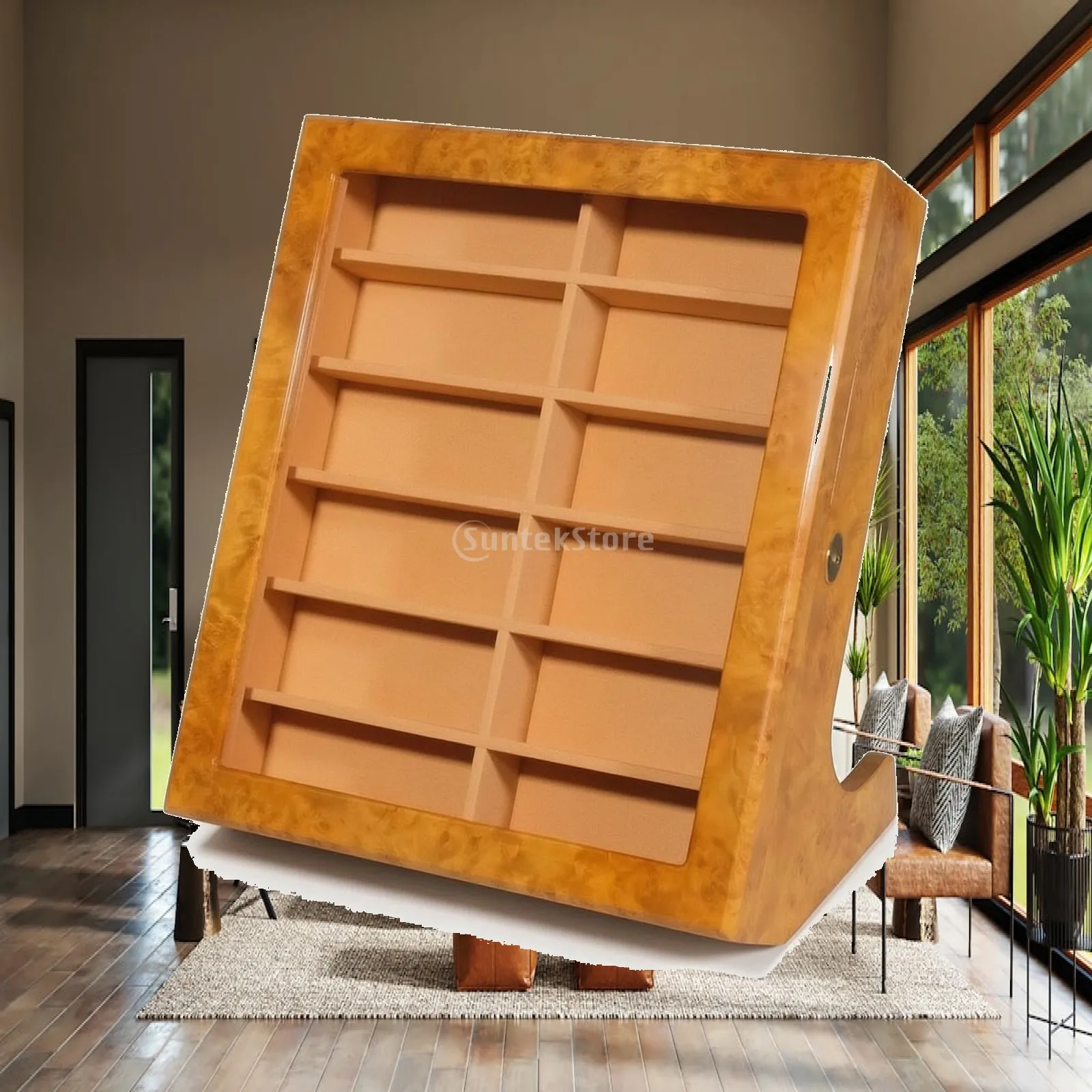 12 Slot Sunglasses Storage Box with Lockable Door Wood Frame Clear Panel Display Case for Eyeglasses Collection Organizer Unit