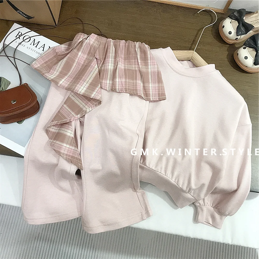 RAISE 2026 Spring Children Girl 2PCS Clothes Set Cotton Pink Kid Girls Sweatshirt Loose Plaid Patchwork Fake Two Piece Pant Suit