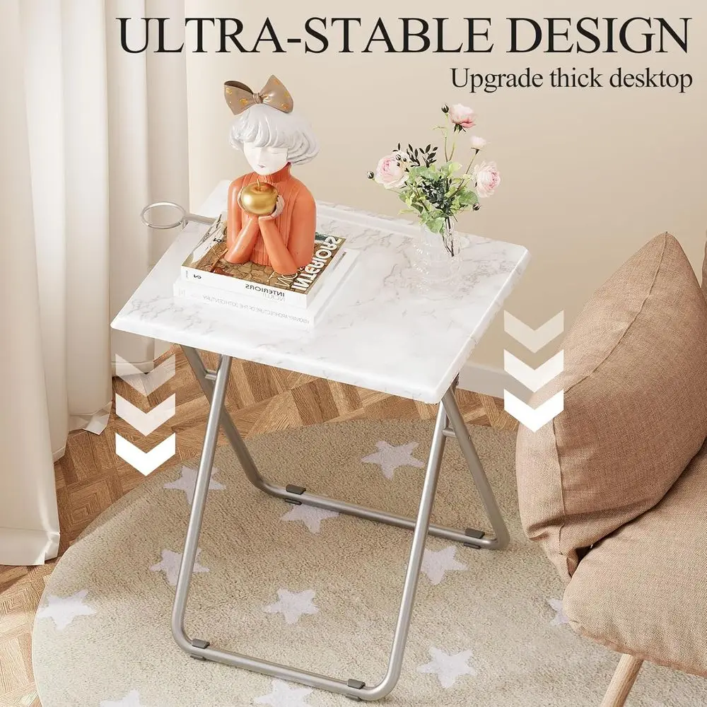 Portable Folding TV Tray Table Set, 2-Piece White Marble Style, with Cup Holders for Snacks, Ideal for Couch and Living Room, Sp