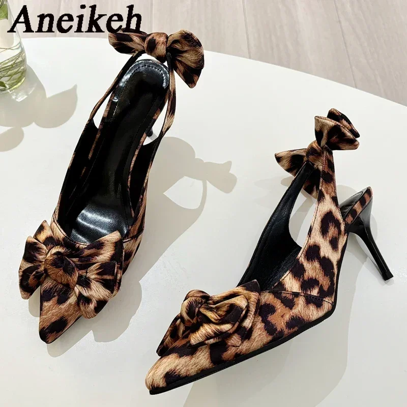 Aneikeh 2025 Summer Women Shoes Leopard print Butterfly Knot Decoration Muller High Heels  Fashion Pointed Party Stripper Sandal