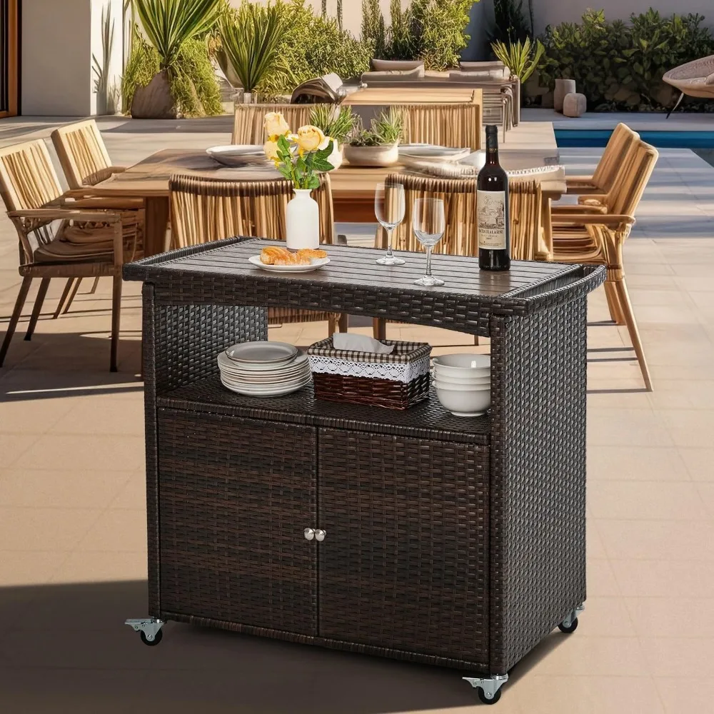 

Outdoor Bar Cart with Storage Cabinet Patio Wicker Sideboard Buffet Cabinet Prep Table Outside Kitchen Serving Cart with Rolling