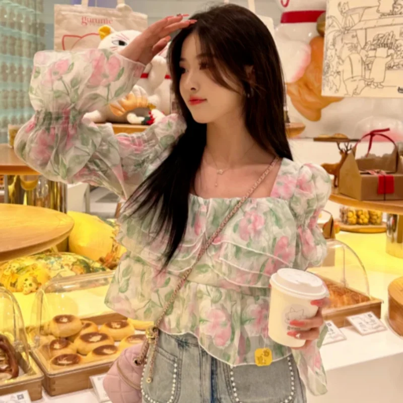 Flare Sleeve Blouses Women Temper Ruffles Floral All-match Crop Tops Prairie Chic Fashion Sweet Ulzzang Casual Spring Females