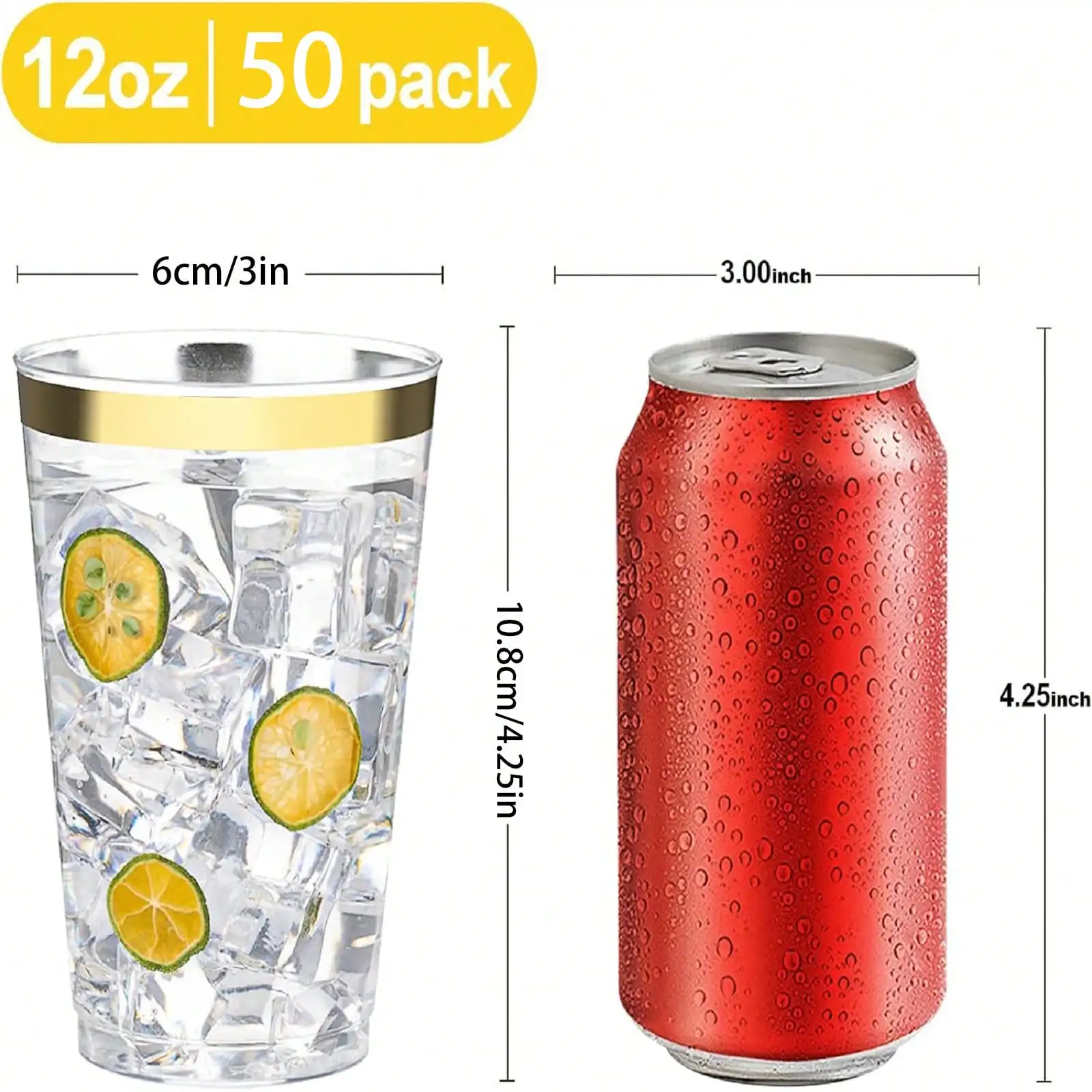 50-Pack 9 Oz / 10 Oz / 12 Oz / 16 Oz Gold Glitter Plastic Cups, Gold-Rimmed Disposable Wine Glasses, Heavy-Duty Party Cocktail C